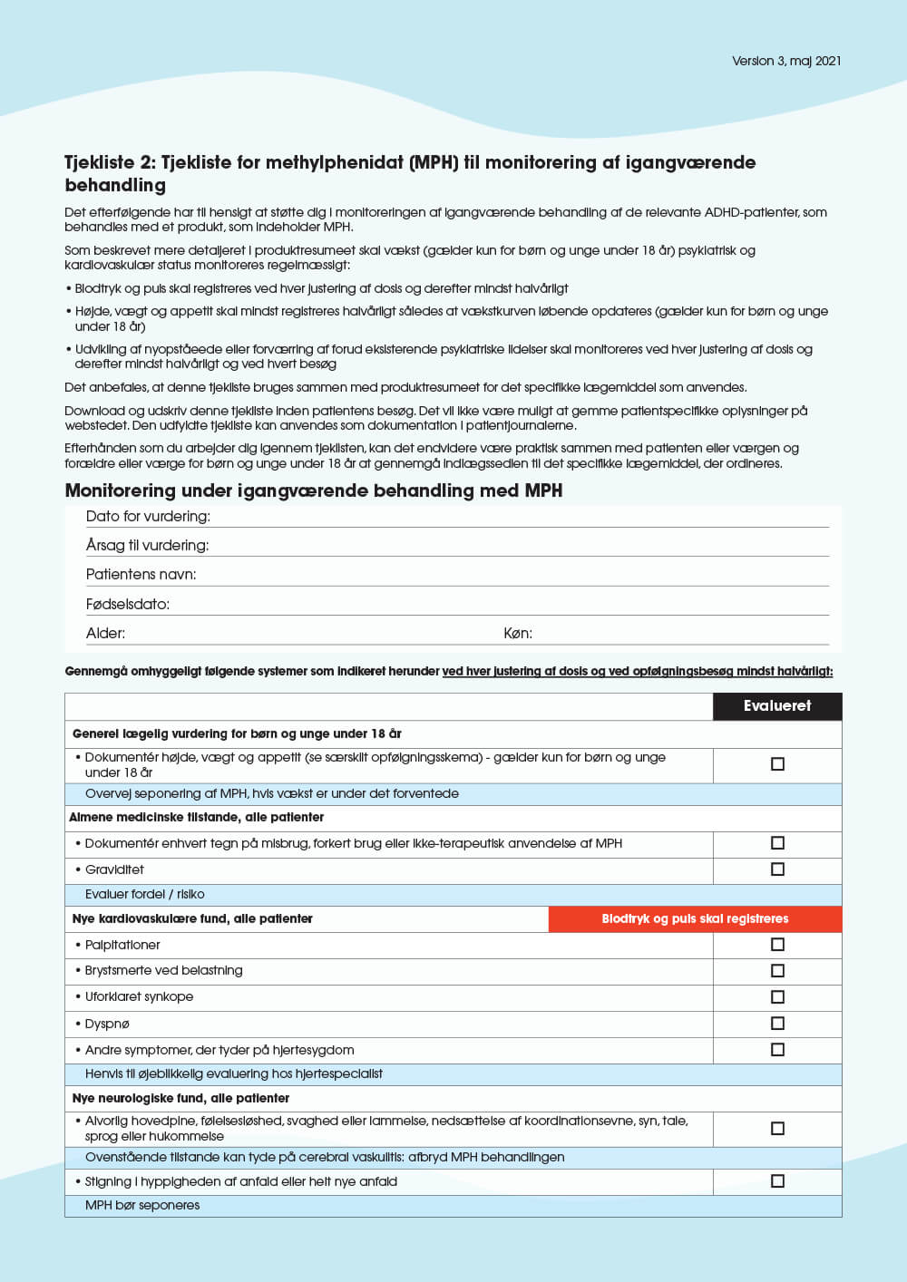 Vis eksempel: Tjekliste 2: Tjekliste for methylphenidat (MPH) til løbende monitorering