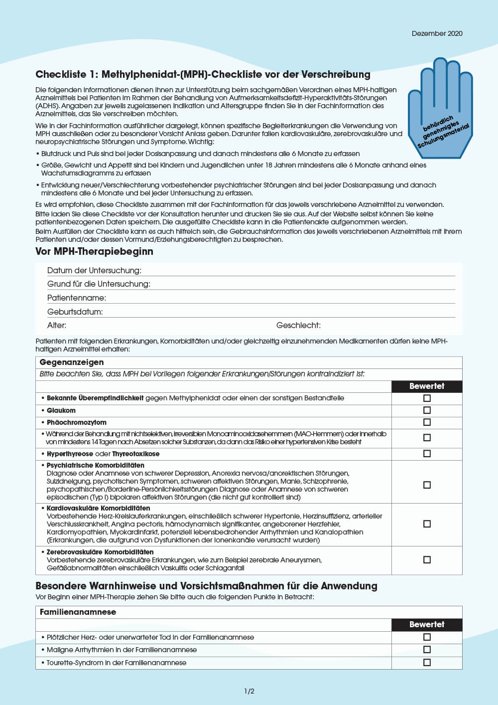 Vorschau: Checkliste 1: Methylphenidat-(MPH)-Checkliste vor der Verschreibung