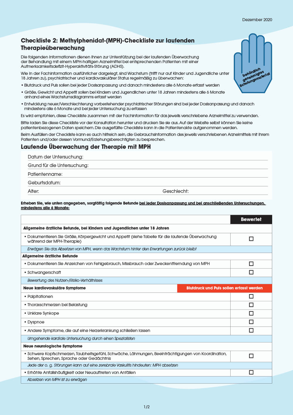 Vorschau: Checkliste 2: Methylphenidat (MPH)-Checkliste für die laufende Überwachung
