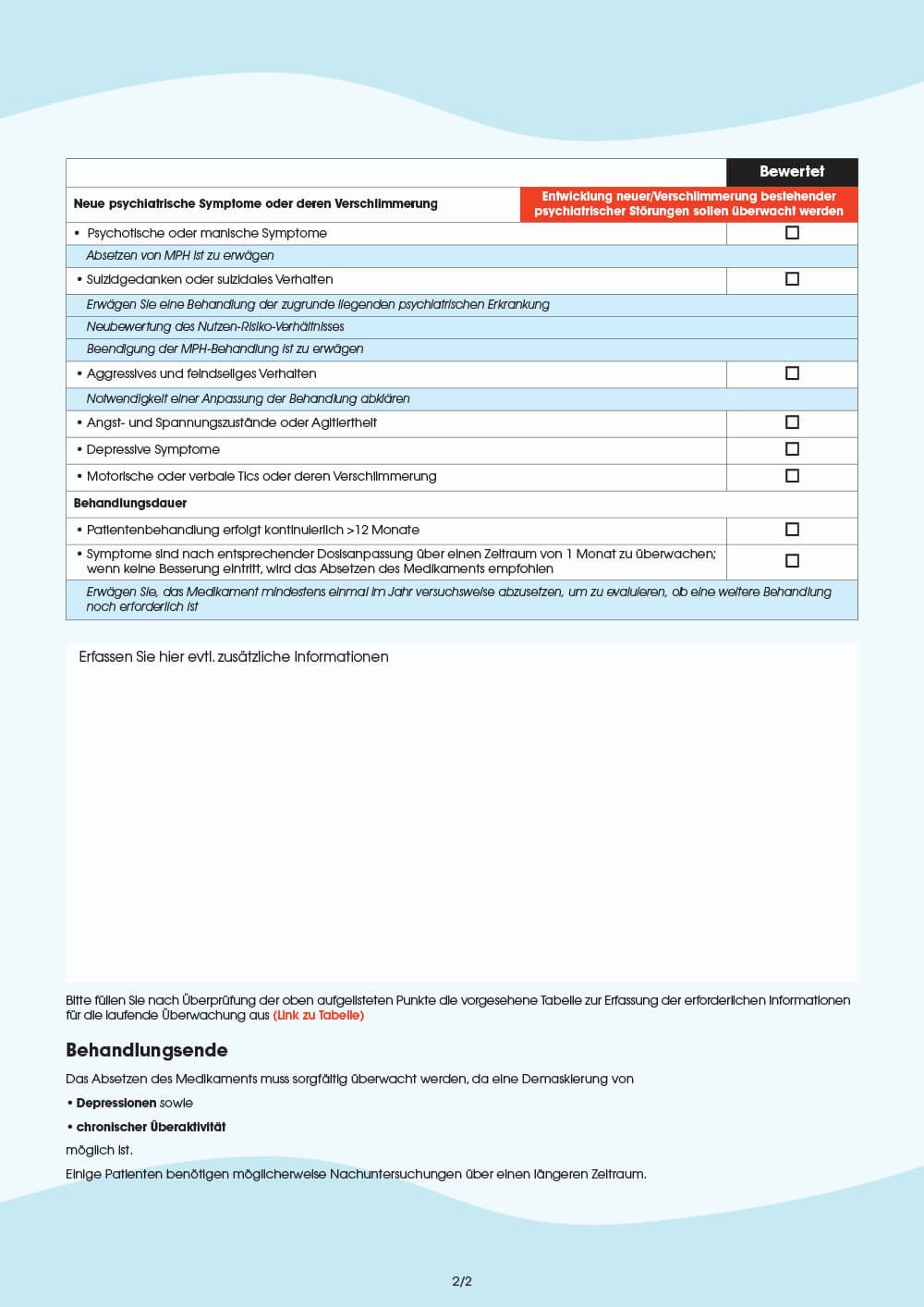 Vorschau: Checkliste 2: Methylphenidat (MPH)-Checkliste für die laufende Überwachung