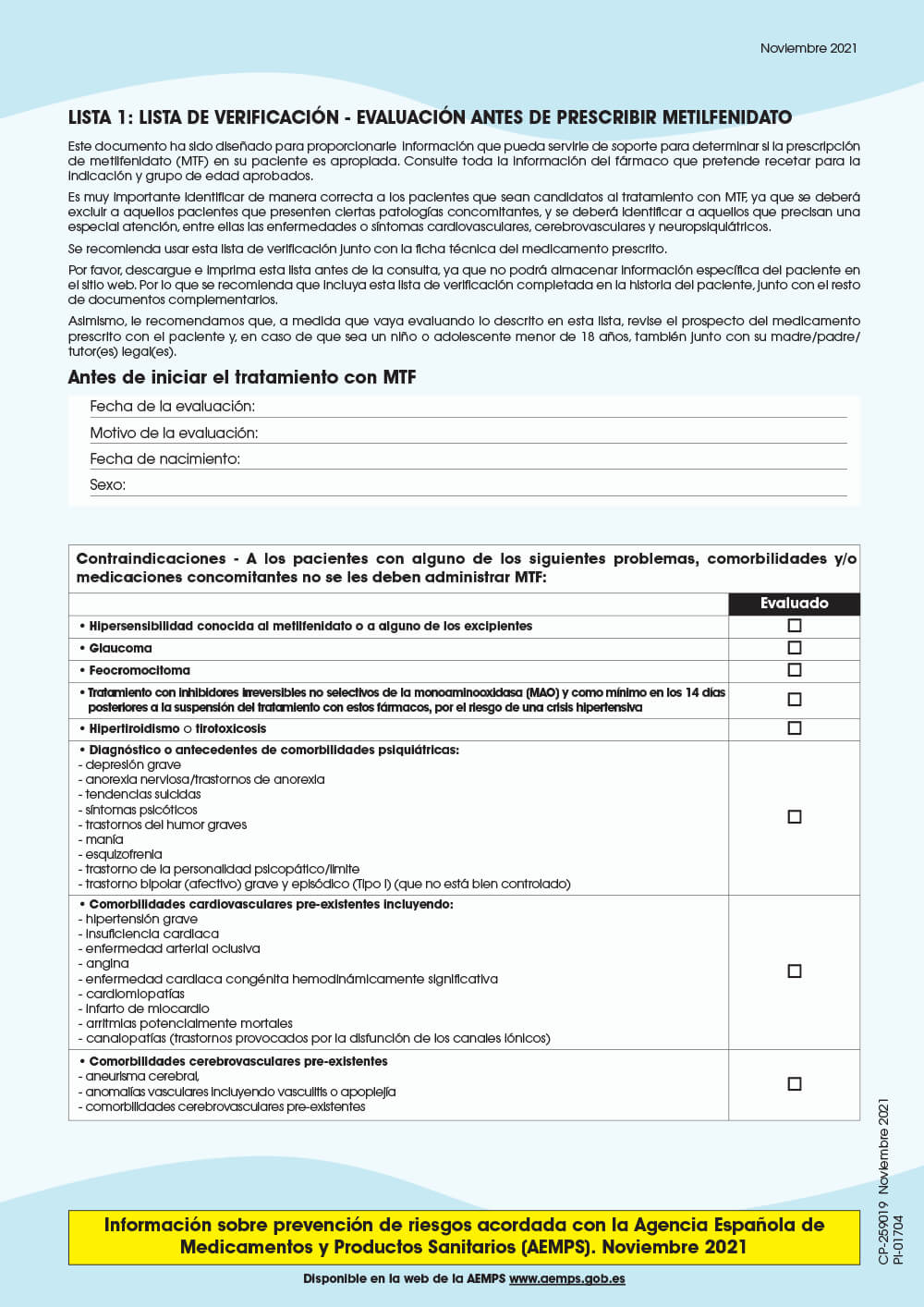 Vista preliminar: Lista 1: Lista de control antes de recetar metilfenidato (MTF)