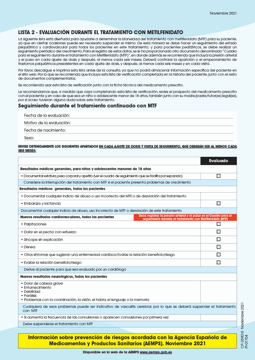 Vista preliminar: Lista 2: Evaluación durante el tratamiento con metilfenidato (MTF)