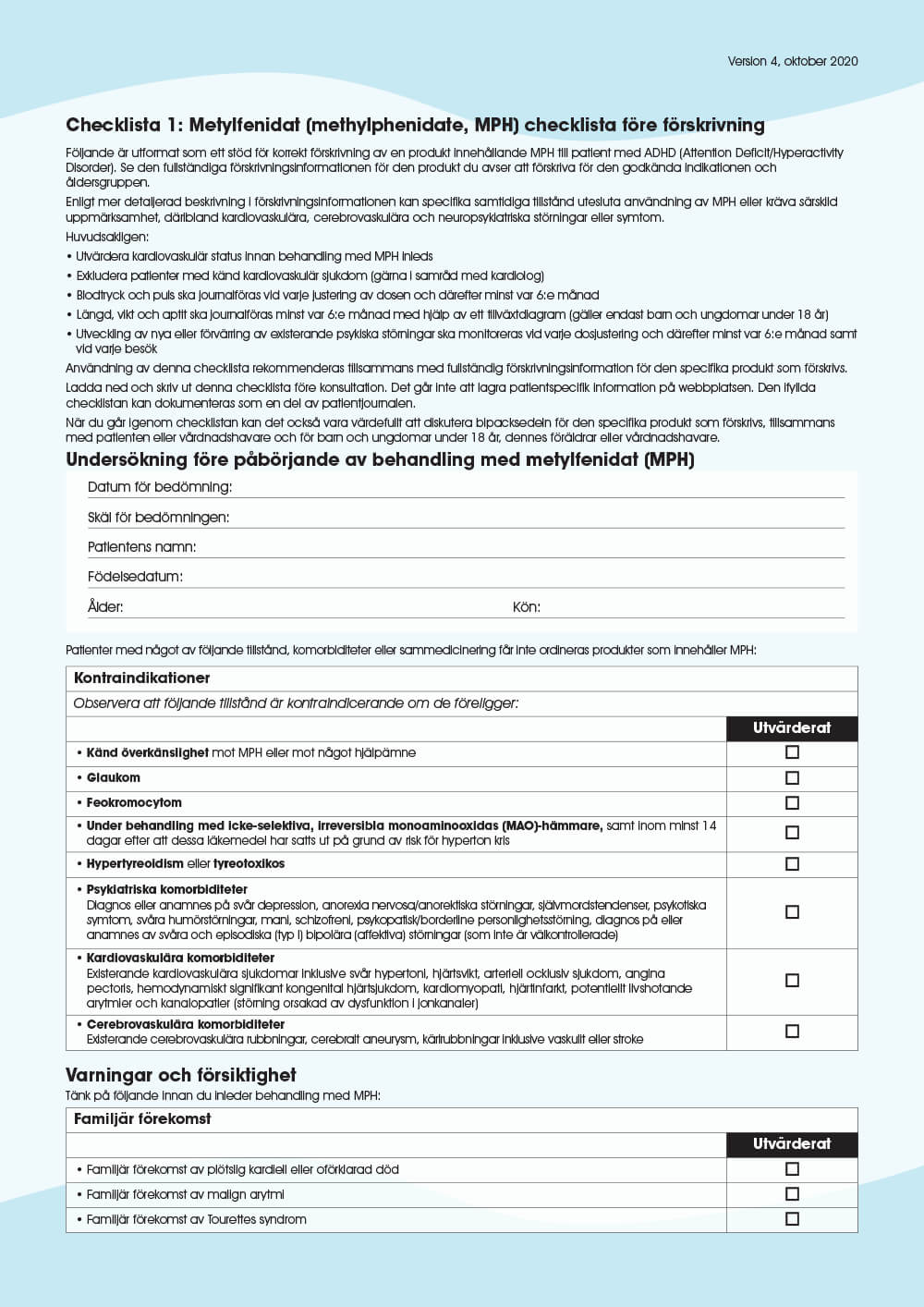 Förhandsgranska: Checklista 1: Metylfenidat (MPH) checklista före förskrivning 