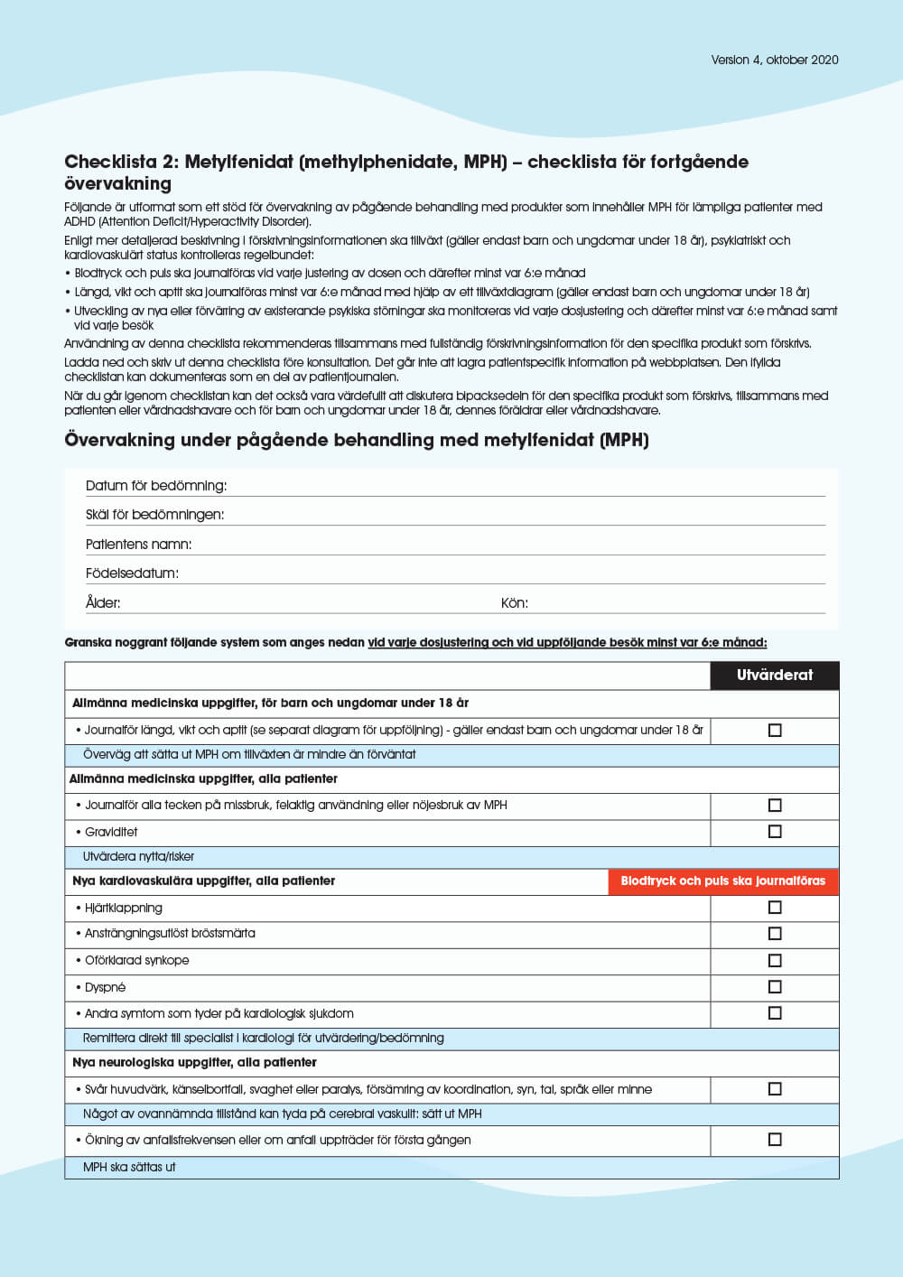 Förhandsgranska: Checklista 2: Metylfenidat (MPH) – checklista för fortgående övervakning